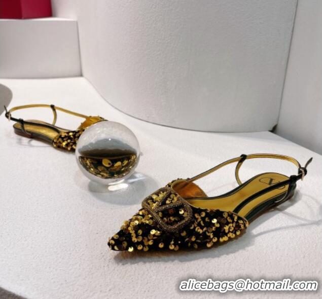 Popular Style Valentino Crystal VLogo Slingbacks Flat in Shiny Sequins Black/Gold 330039