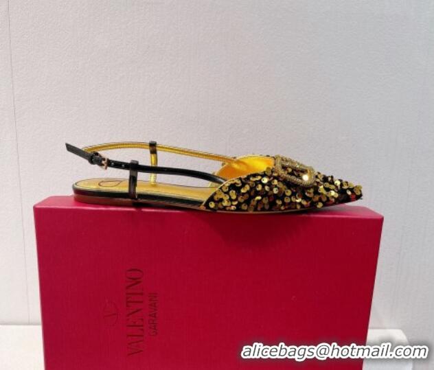 Popular Style Valentino Crystal VLogo Slingbacks Flat in Shiny Sequins Black/Gold 330039