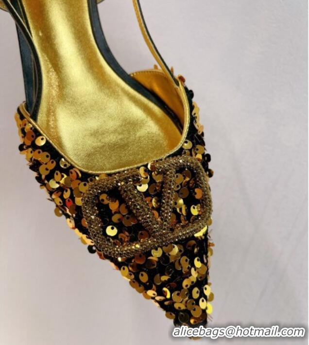 Popular Style Valentino Crystal VLogo Slingbacks Flat in Shiny Sequins Black/Gold 330039