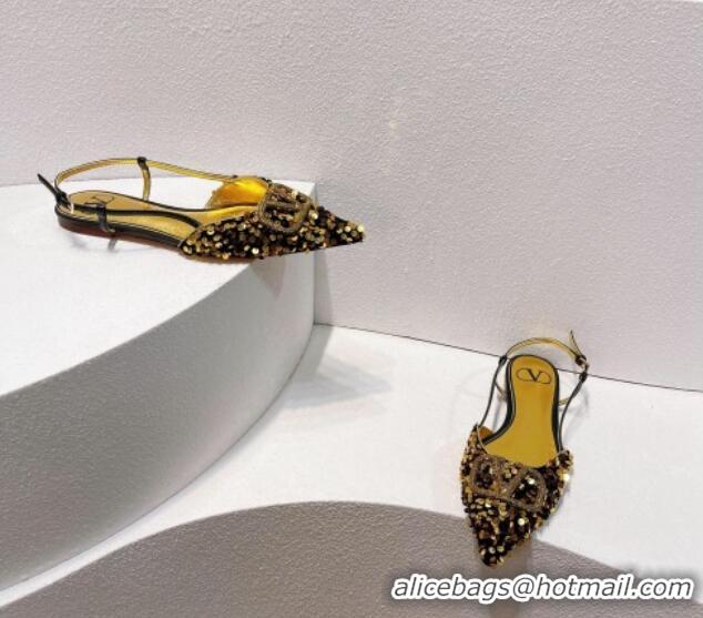 Popular Style Valentino Crystal VLogo Slingbacks Flat in Shiny Sequins Black/Gold 330039