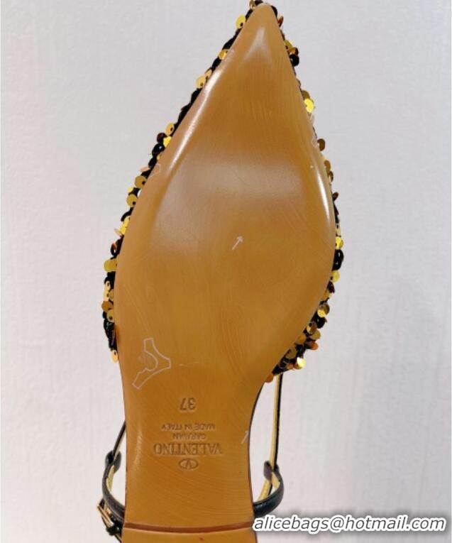 Popular Style Valentino Crystal VLogo Slingbacks Flat in Shiny Sequins Black/Gold 330039