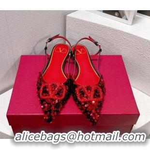 Good Looking Valentino Crystal VLogo Slingbacks Flat in Shiny Sequins Red/Black 330040