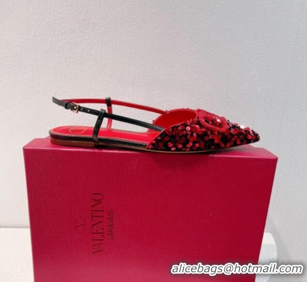 Good Looking Valentino Crystal VLogo Slingbacks Flat in Shiny Sequins Red/Black 330040