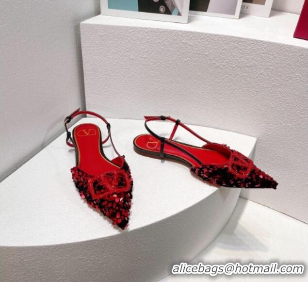 Good Looking Valentino Crystal VLogo Slingbacks Flat in Shiny Sequins Red/Black 330040