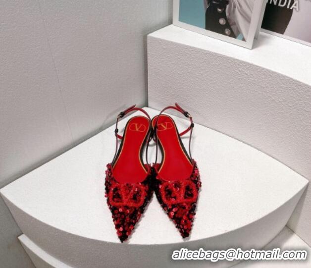 Good Looking Valentino Crystal VLogo Slingbacks Flat in Shiny Sequins Red/Black 330040