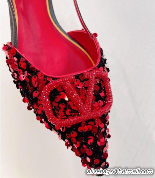 Good Looking Valentino Crystal VLogo Slingbacks Flat in Shiny Sequins Red/Black 330040