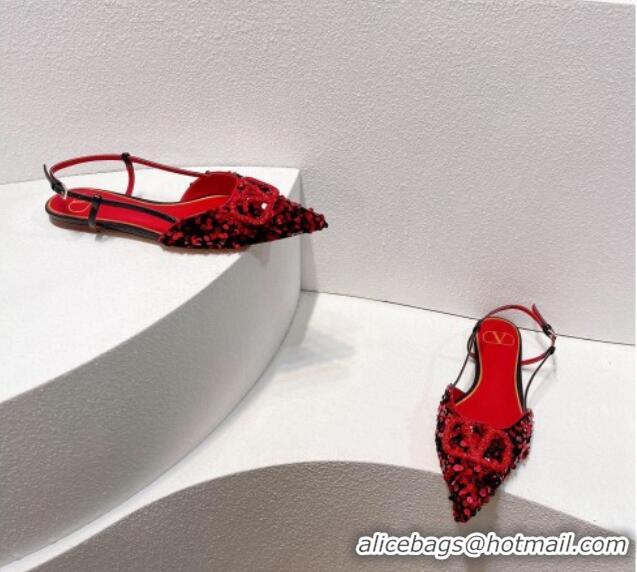 Good Looking Valentino Crystal VLogo Slingbacks Flat in Shiny Sequins Red/Black 330040