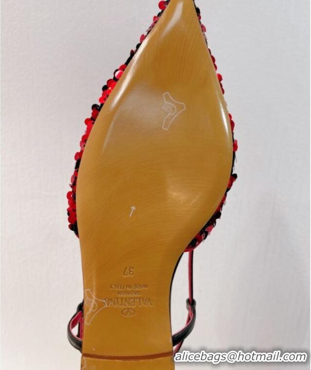 Good Looking Valentino Crystal VLogo Slingbacks Flat in Shiny Sequins Red/Black 330040