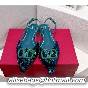 Most Popular Valentino Crystal VLogo Slingbacks Flat in Shiny Sequins Blue/Green 330041