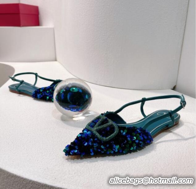 Most Popular Valentino Crystal VLogo Slingbacks Flat in Shiny Sequins Blue/Green 330041