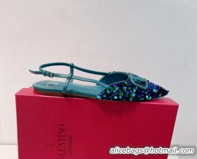 Most Popular Valentino Crystal VLogo Slingbacks Flat in Shiny Sequins Blue/Green 330041