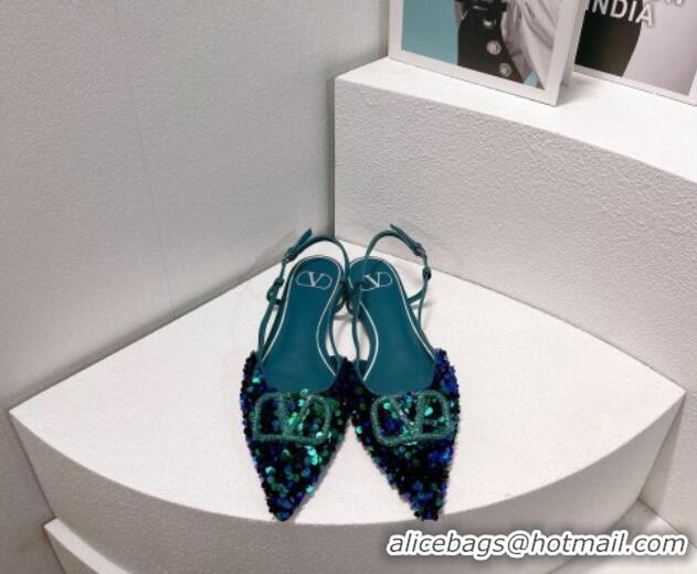 Most Popular Valentino Crystal VLogo Slingbacks Flat in Shiny Sequins Blue/Green 330041