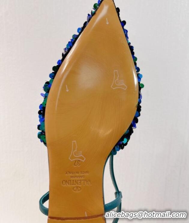 Most Popular Valentino Crystal VLogo Slingbacks Flat in Shiny Sequins Blue/Green 330041