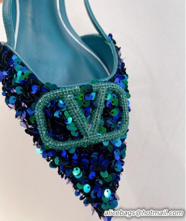 Most Popular Valentino Crystal VLogo Slingbacks Flat in Shiny Sequins Blue/Green 330041