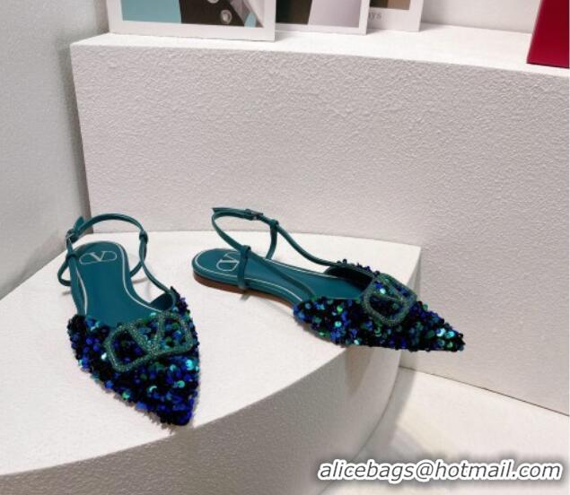 Most Popular Valentino Crystal VLogo Slingbacks Flat in Shiny Sequins Blue/Green 330041