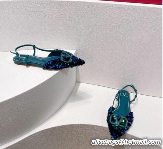 Most Popular Valentino Crystal VLogo Slingbacks Flat in Shiny Sequins Blue/Green 330041