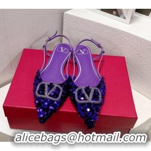 Good Product Valentino Crystal VLogo Slingbacks Flat in Shiny Sequins Purple 330042