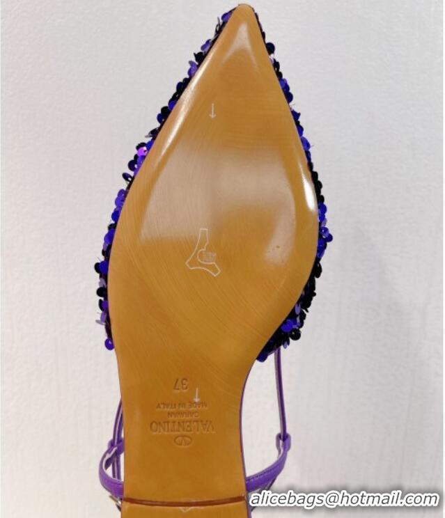 Good Product Valentino Crystal VLogo Slingbacks Flat in Shiny Sequins Purple 330042