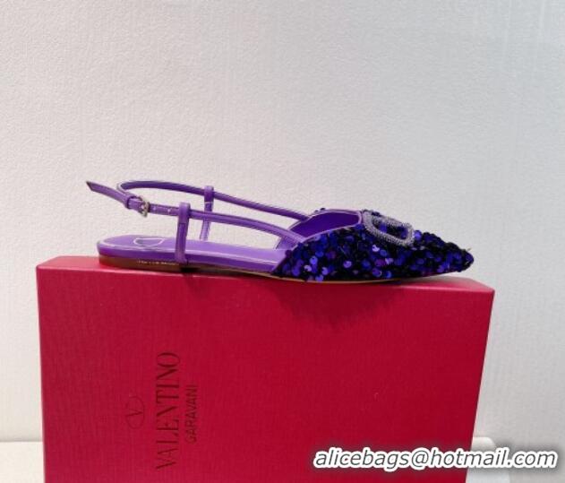 Good Product Valentino Crystal VLogo Slingbacks Flat in Shiny Sequins Purple 330042