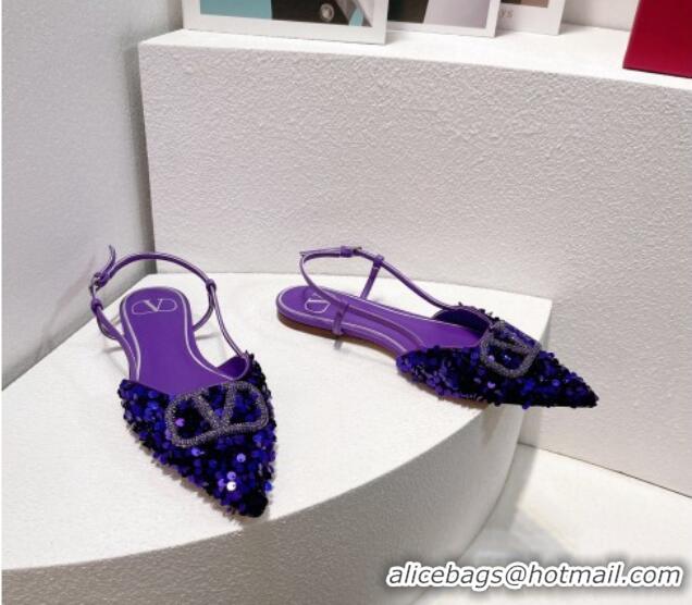 Good Product Valentino Crystal VLogo Slingbacks Flat in Shiny Sequins Purple 330042