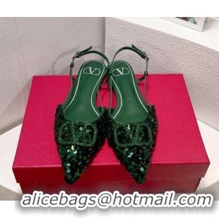 Durable Valentino Crystal VLogo Slingbacks Flat in Shiny Sequins Green 330043