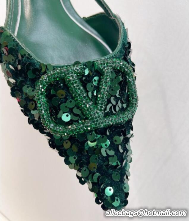 Durable Valentino Crystal VLogo Slingbacks Flat in Shiny Sequins Green 330043