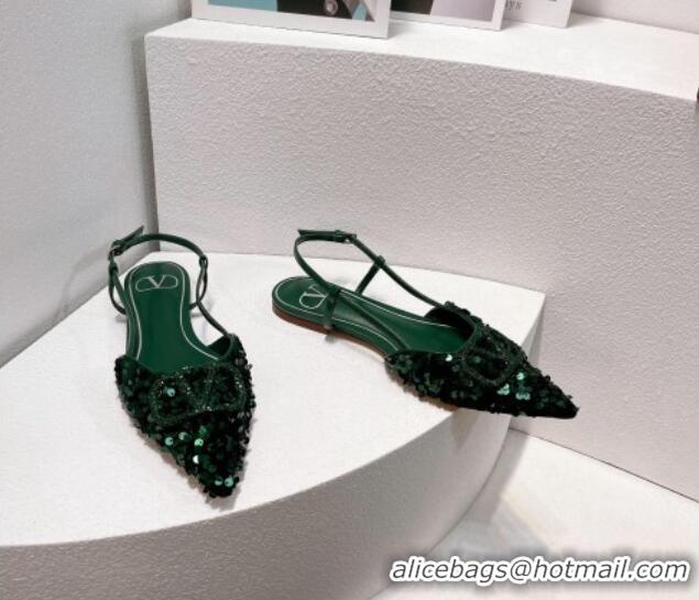 Durable Valentino Crystal VLogo Slingbacks Flat in Shiny Sequins Green 330043