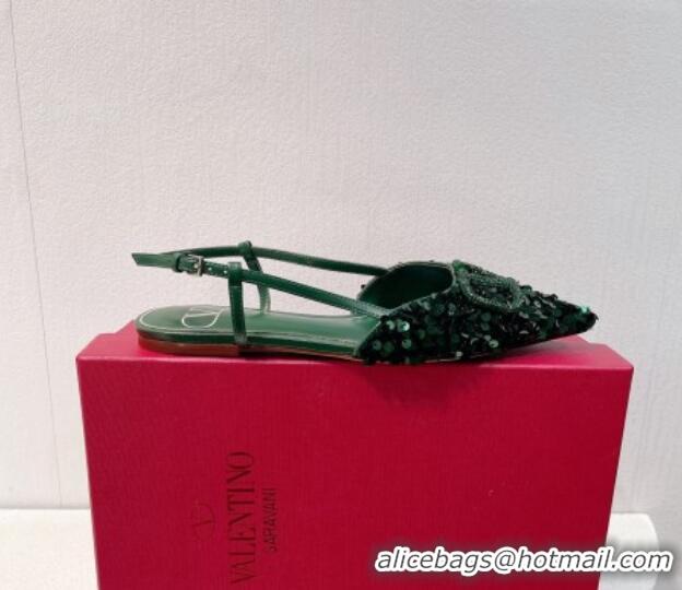 Durable Valentino Crystal VLogo Slingbacks Flat in Shiny Sequins Green 330043