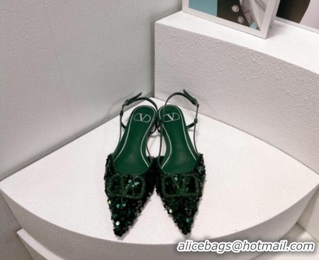 Durable Valentino Crystal VLogo Slingbacks Flat in Shiny Sequins Green 330043