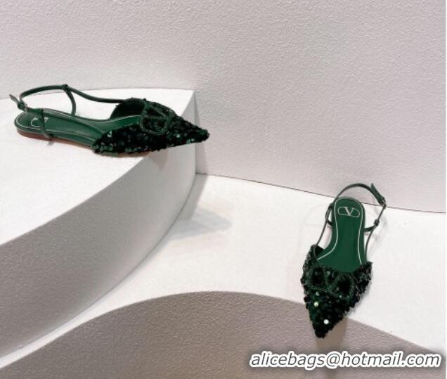 Durable Valentino Crystal VLogo Slingbacks Flat in Shiny Sequins Green 330043