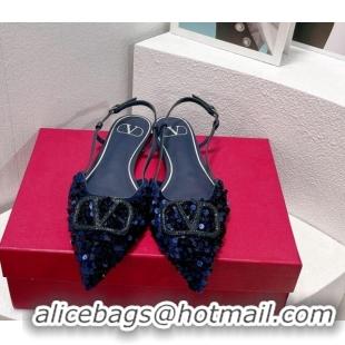 Luxurious Valentino Crystal VLogo Slingbacks Flat in Shiny Sequins Royal Blue 330044