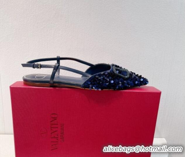 Luxurious Valentino Crystal VLogo Slingbacks Flat in Shiny Sequins Royal Blue 330044