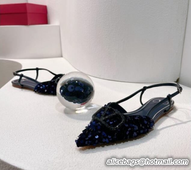 Luxurious Valentino Crystal VLogo Slingbacks Flat in Shiny Sequins Royal Blue 330044