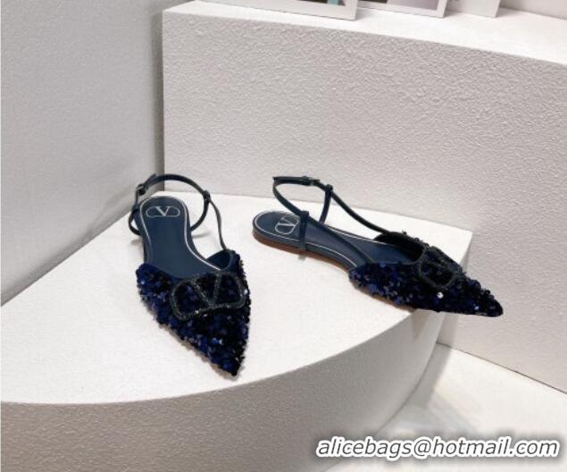 Luxurious Valentino Crystal VLogo Slingbacks Flat in Shiny Sequins Royal Blue 330044