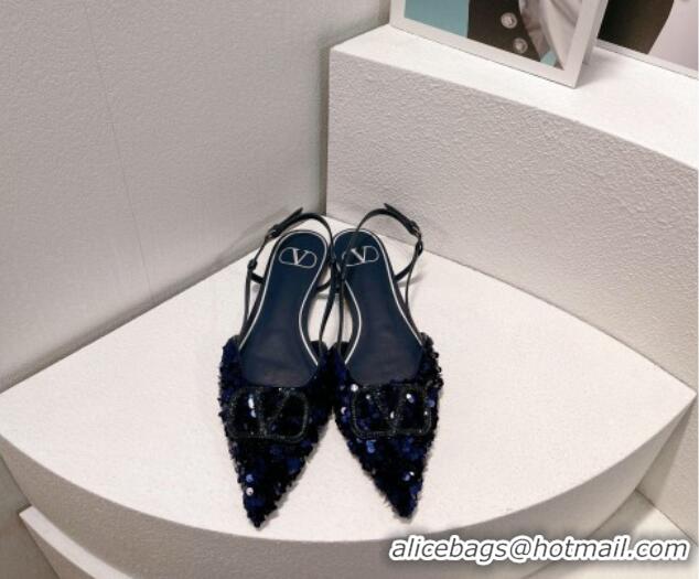 Luxurious Valentino Crystal VLogo Slingbacks Flat in Shiny Sequins Royal Blue 330044