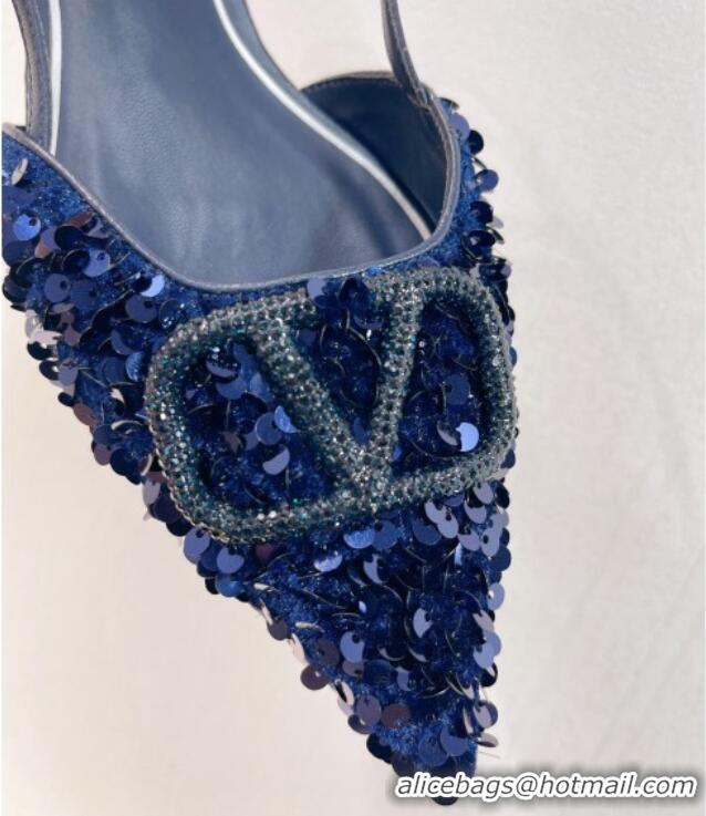 Luxurious Valentino Crystal VLogo Slingbacks Flat in Shiny Sequins Royal Blue 330044