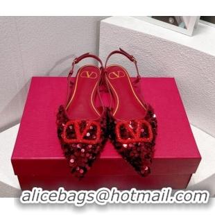 Discount Valentino Crystal VLogo Slingbacks Flat in Shiny Sequins Dark Red 330045