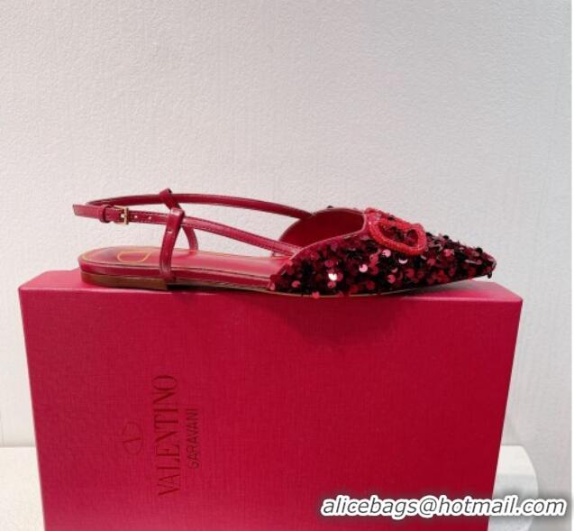 Discount Valentino Crystal VLogo Slingbacks Flat in Shiny Sequins Dark Red 330045