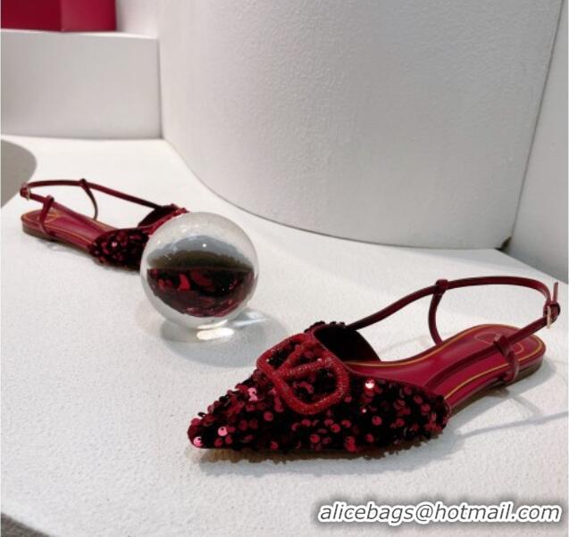 Discount Valentino Crystal VLogo Slingbacks Flat in Shiny Sequins Dark Red 330045