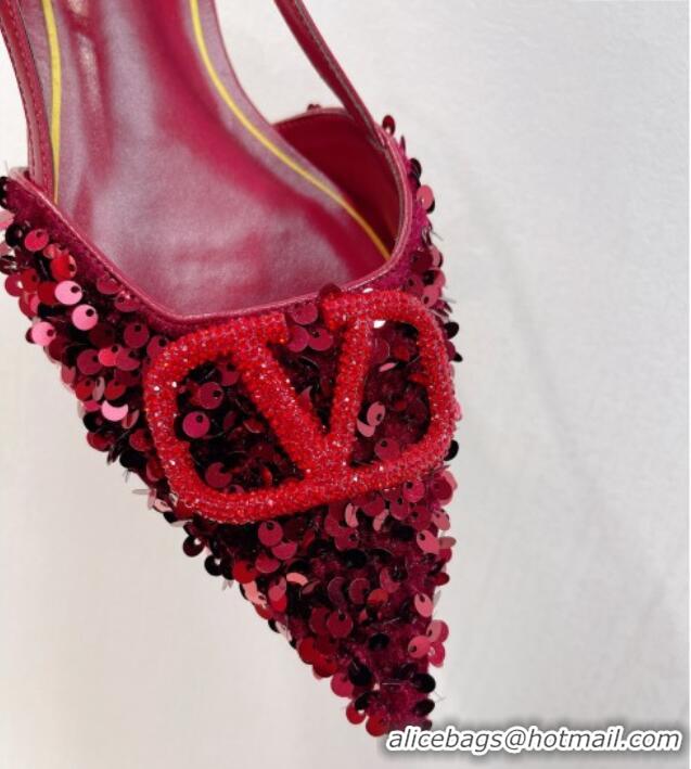 Discount Valentino Crystal VLogo Slingbacks Flat in Shiny Sequins Dark Red 330045