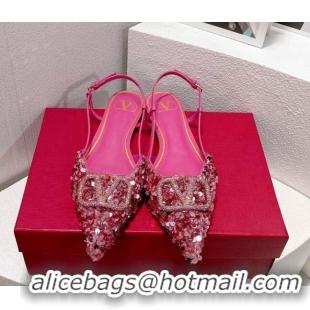 Low Price Valentino Crystal VLogo Slingbacks Flat in Shiny Sequins Light Pink 330046