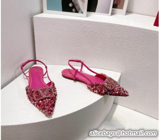 Low Price Valentino Crystal VLogo Slingbacks Flat in Shiny Sequins Light Pink 330046