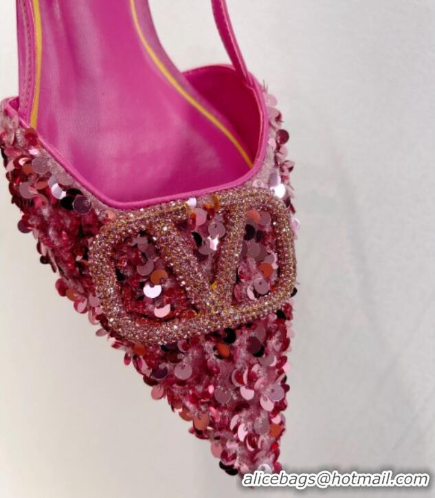 Low Price Valentino Crystal VLogo Slingbacks Flat in Shiny Sequins Light Pink 330046