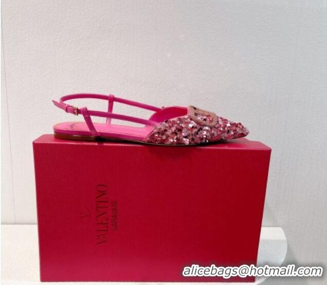 Low Price Valentino Crystal VLogo Slingbacks Flat in Shiny Sequins Light Pink 330046