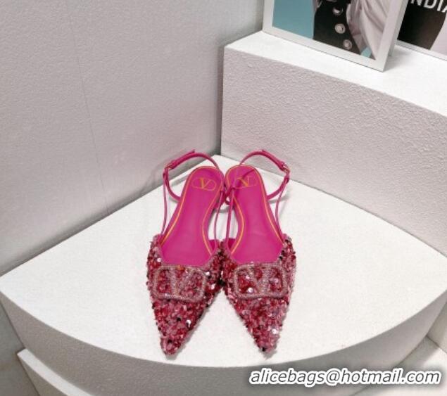 Low Price Valentino Crystal VLogo Slingbacks Flat in Shiny Sequins Light Pink 330046