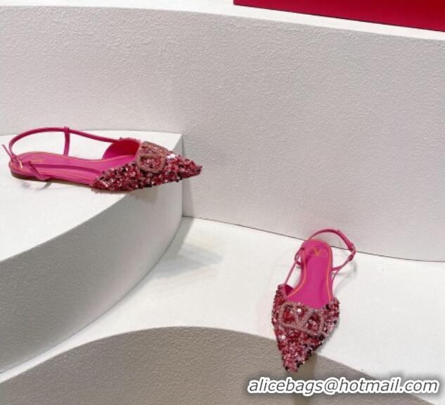 Low Price Valentino Crystal VLogo Slingbacks Flat in Shiny Sequins Light Pink 330046