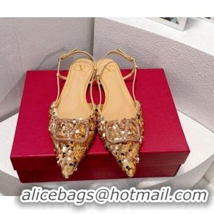 Best Product Valentino Crystal VLogo Slingbacks Flat in Shiny Sequins Beige 330047