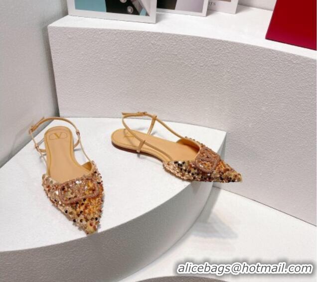 Best Product Valentino Crystal VLogo Slingbacks Flat in Shiny Sequins Beige 330047