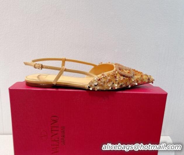 Best Product Valentino Crystal VLogo Slingbacks Flat in Shiny Sequins Beige 330047