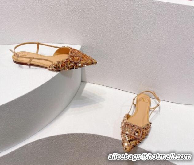 Best Product Valentino Crystal VLogo Slingbacks Flat in Shiny Sequins Beige 330047